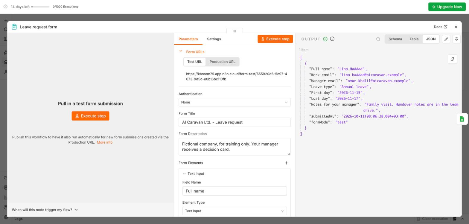 The output of the leave form in JSON view: one item with seven fields plus submittedAt and formMode