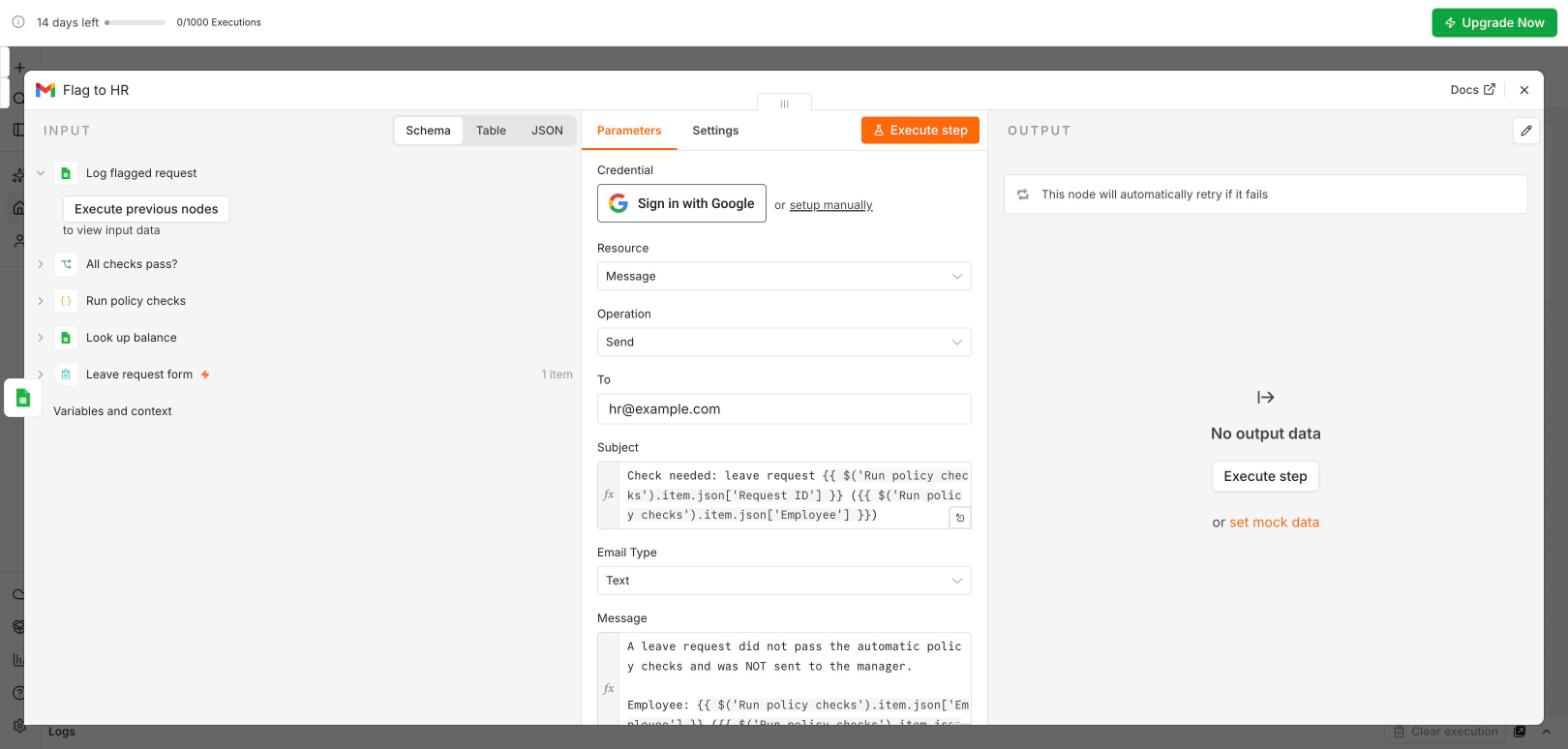 A Gmail node with the Sign in with Google button in its Credential field