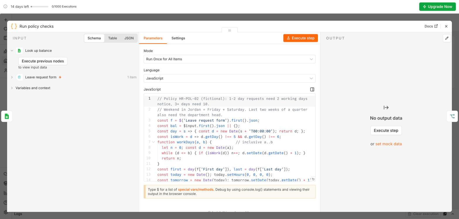 The Run policy checks code node: working days, notice needed, balance and quarter end