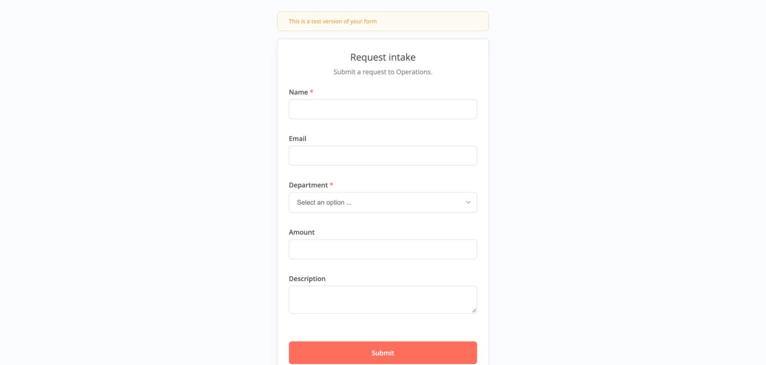 The Request intake test form with Name, Email, Department, Amount and Description