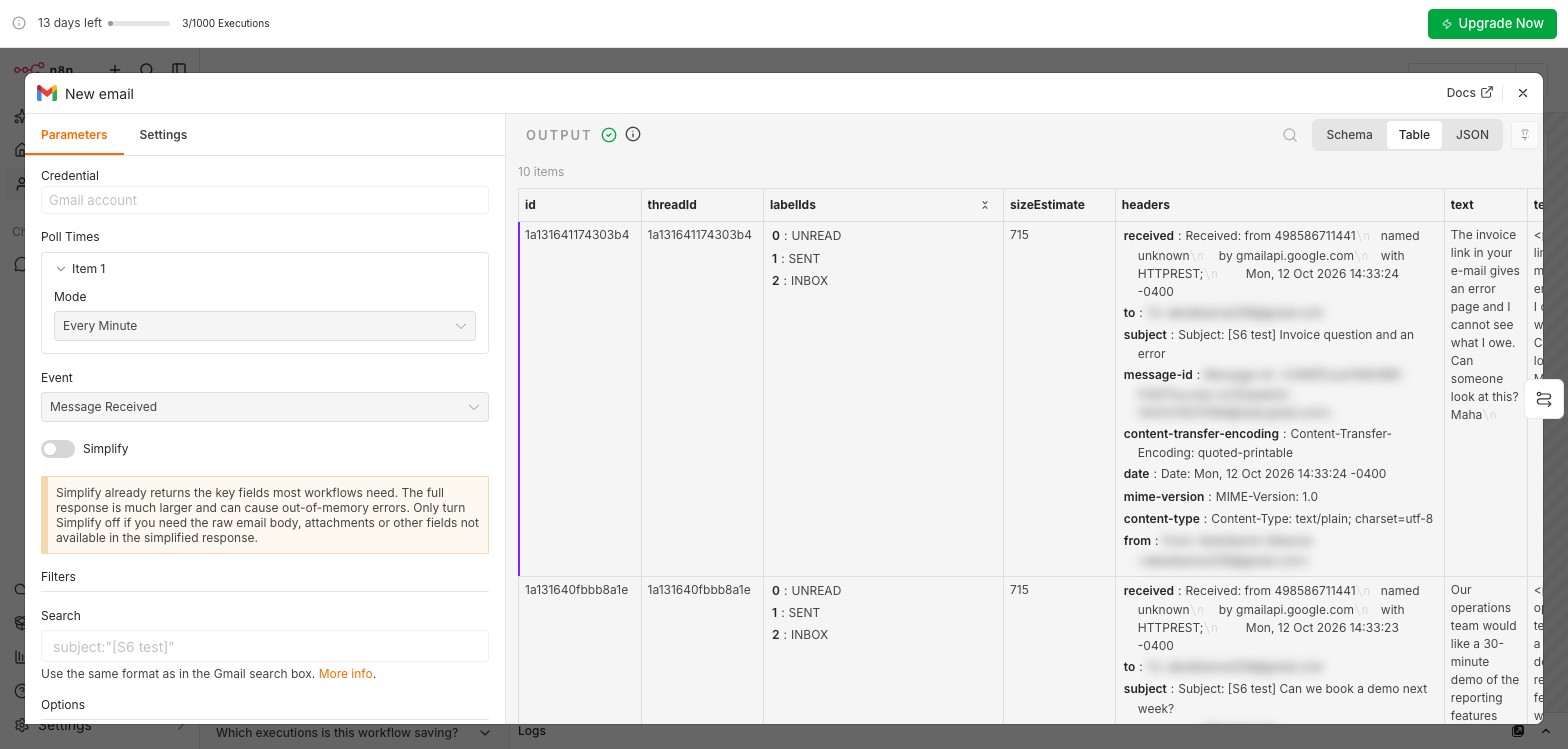 The Gmail Trigger node: poll every minute, Simplify off, search subject [S6 test], and an output with subject and text fields
