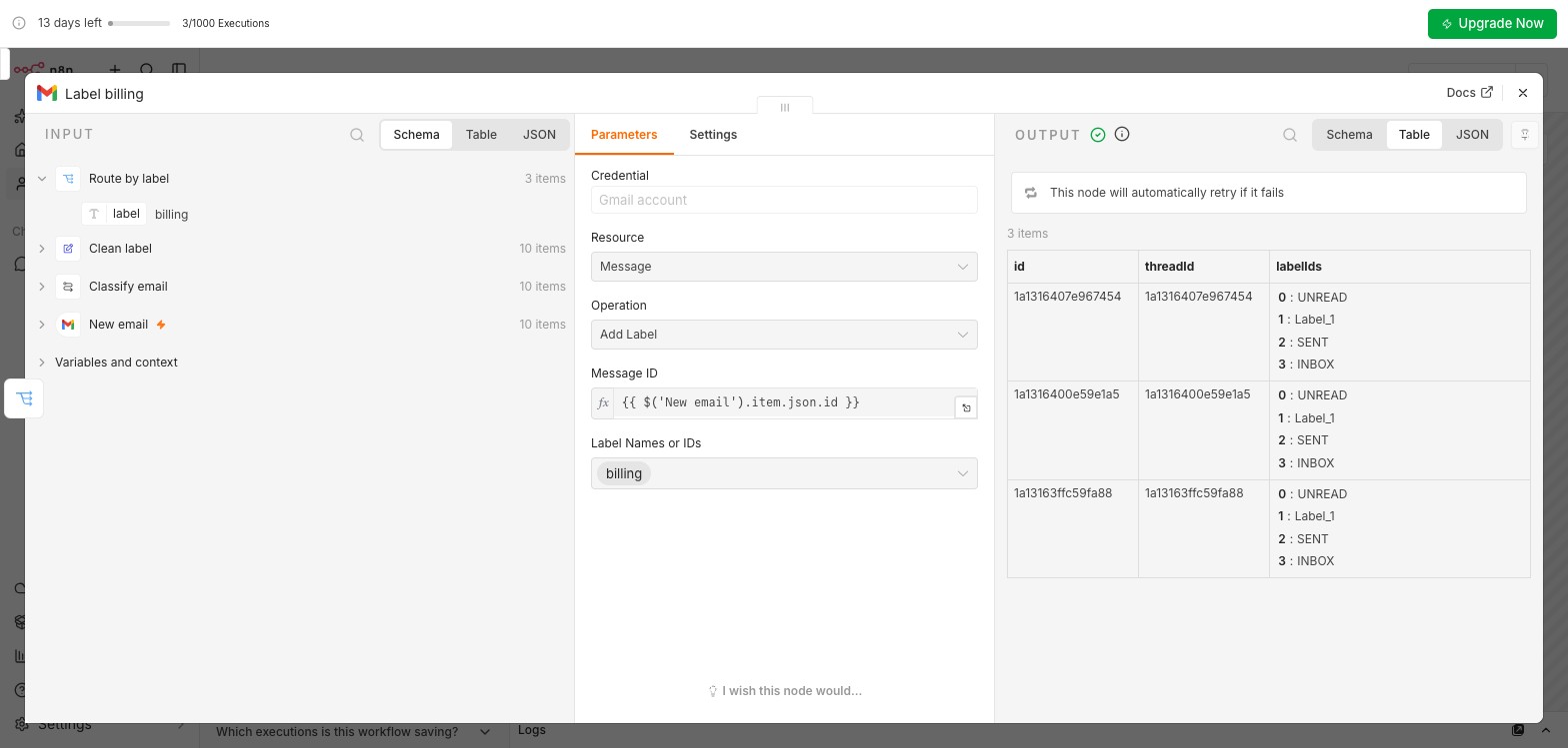 A Gmail Add Label node: message ID taken from the trigger and the label picked from the list