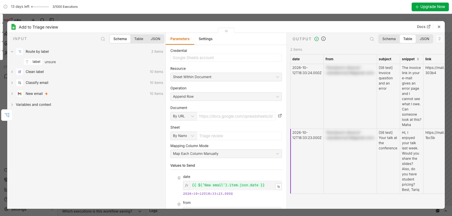 The Add to Triage review Google Sheets node appending date, from, subject, snippet and link