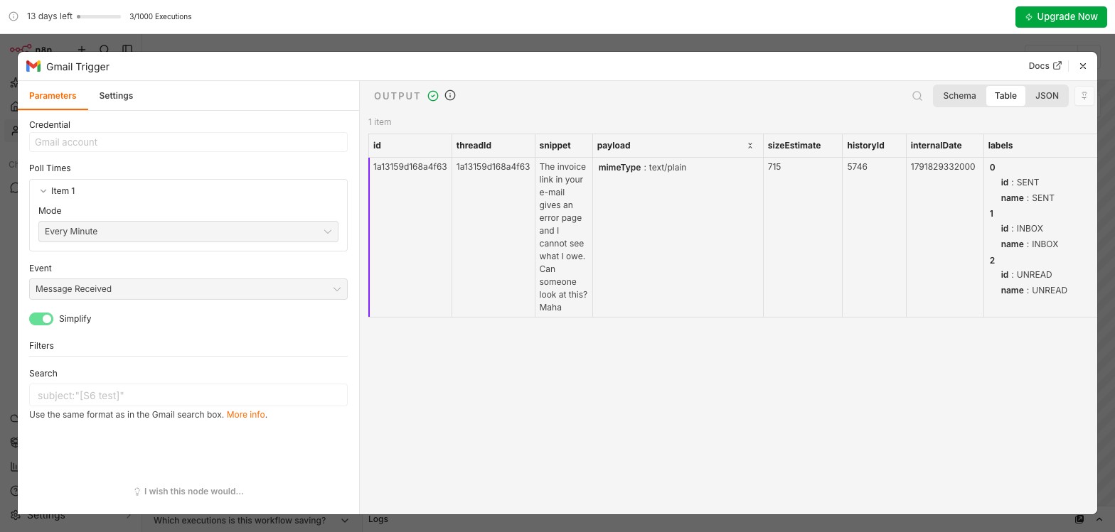 The same e-mail with Simplify on: fields id, threadId, snippet, payload, To, Subject and From, but no text field
