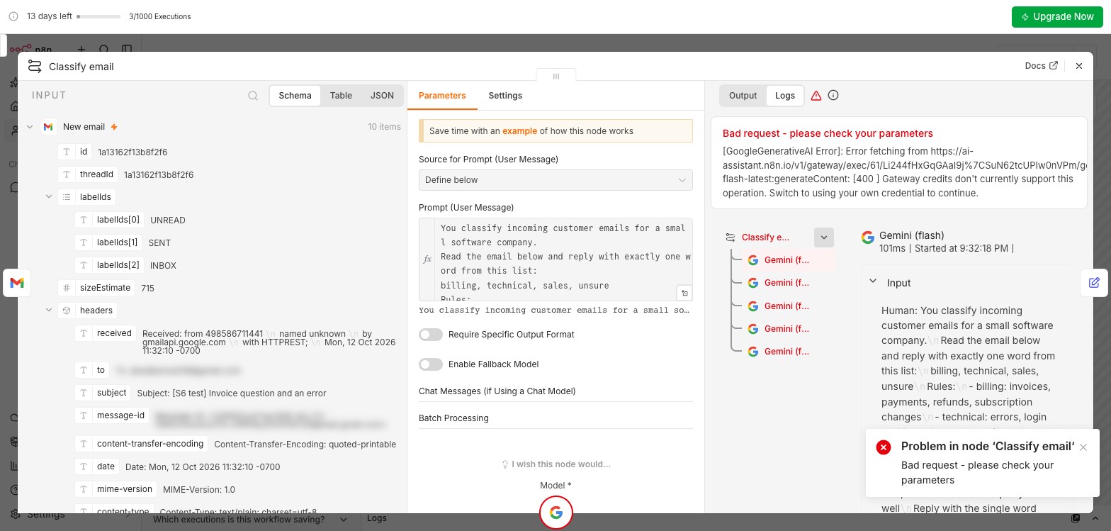 Classify email in red; the Logs tab shows the Gemini sub-node's 400 error from the Gateway