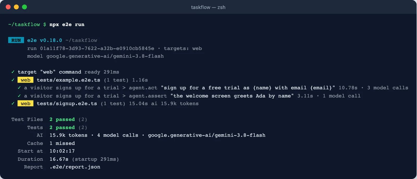 Terminal output of a passing e2e run with AI agent steps