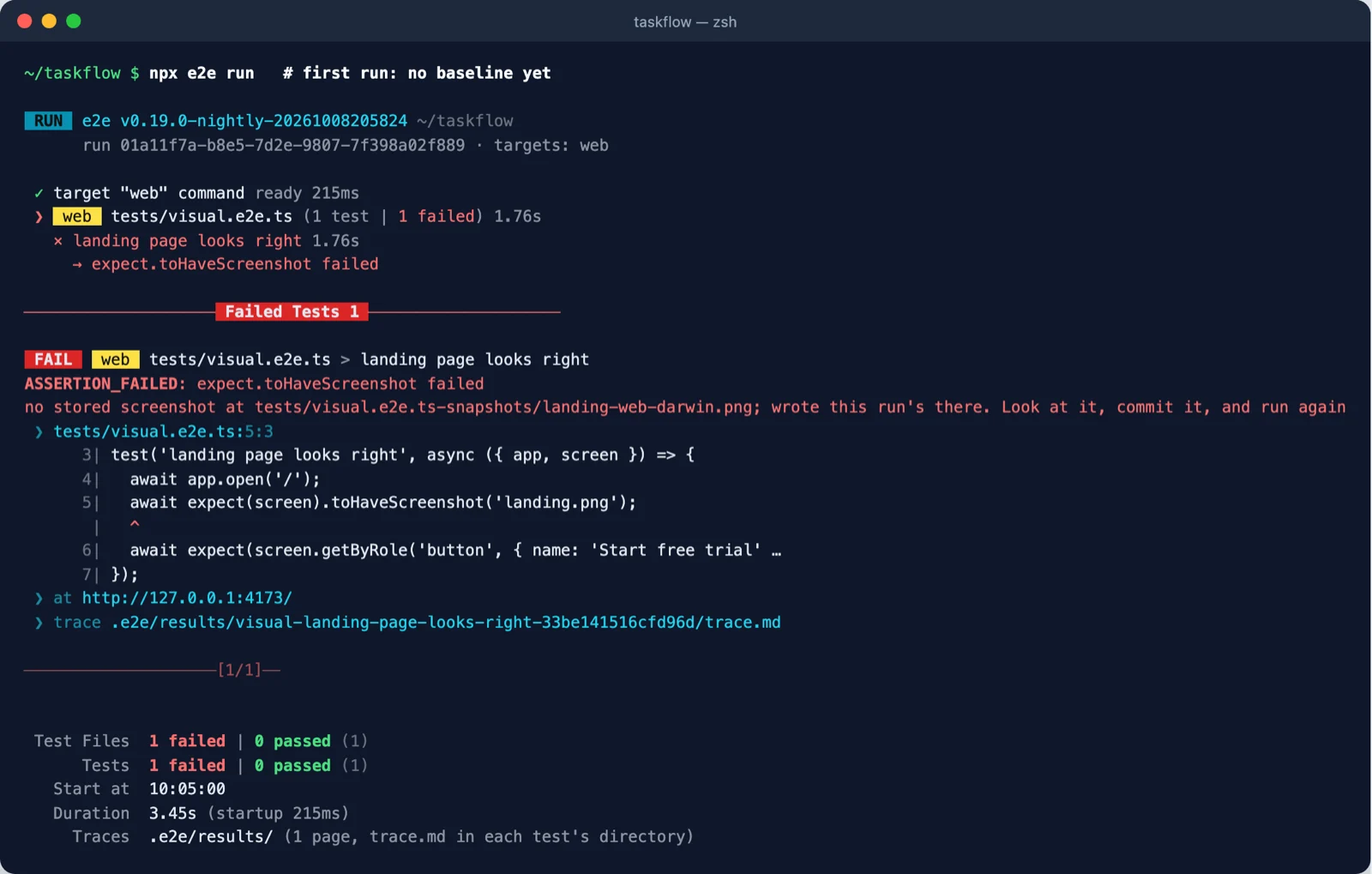 Terminal: toHaveScreenshot failed, no stored screenshot at tests/visual.e2e.ts-snapshots/landing-web-darwin.png; wrote this run's there