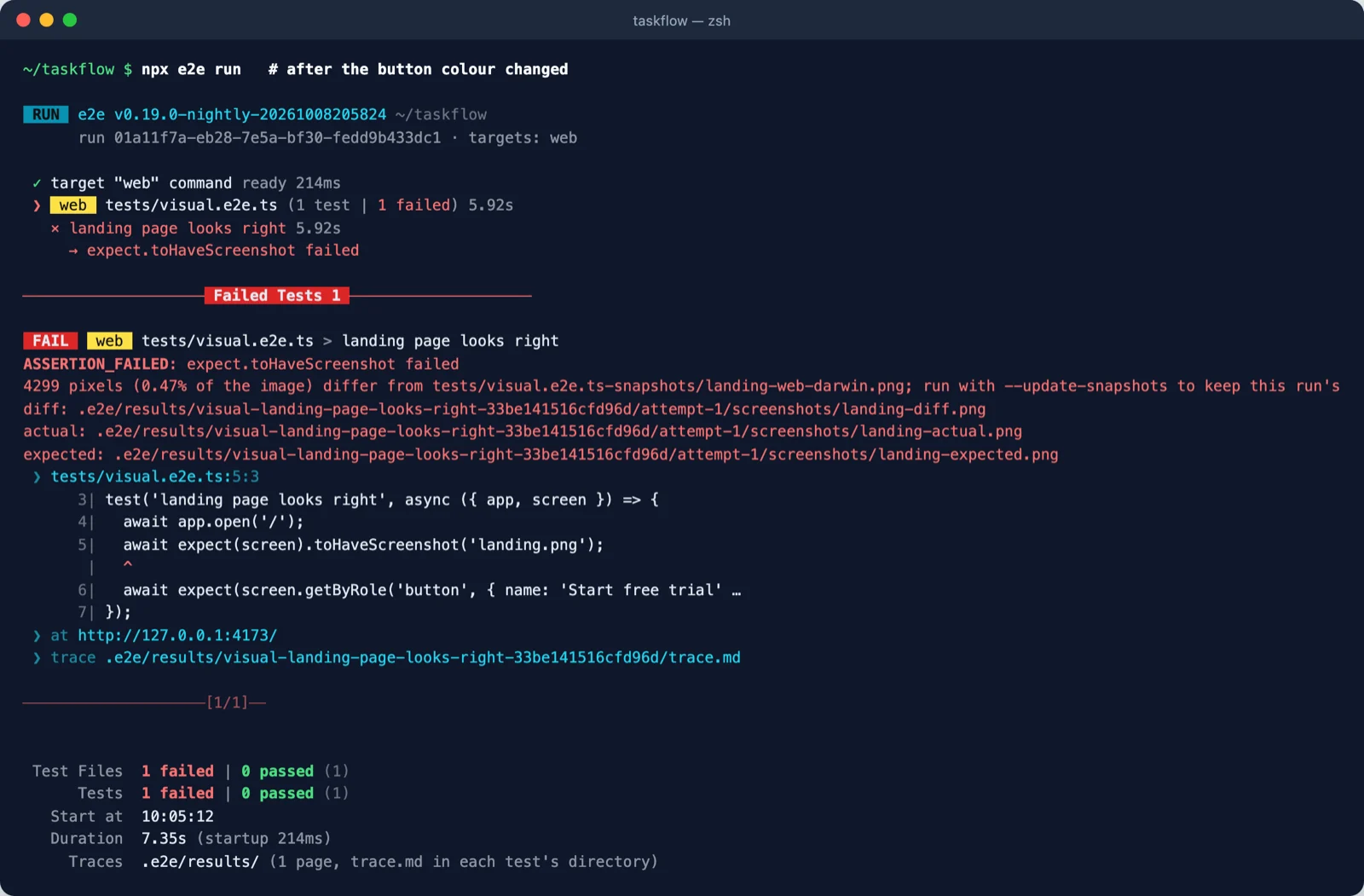 Terminal: 4299 pixels, 0.47 percent of the image, differ; diff, actual and expected image paths