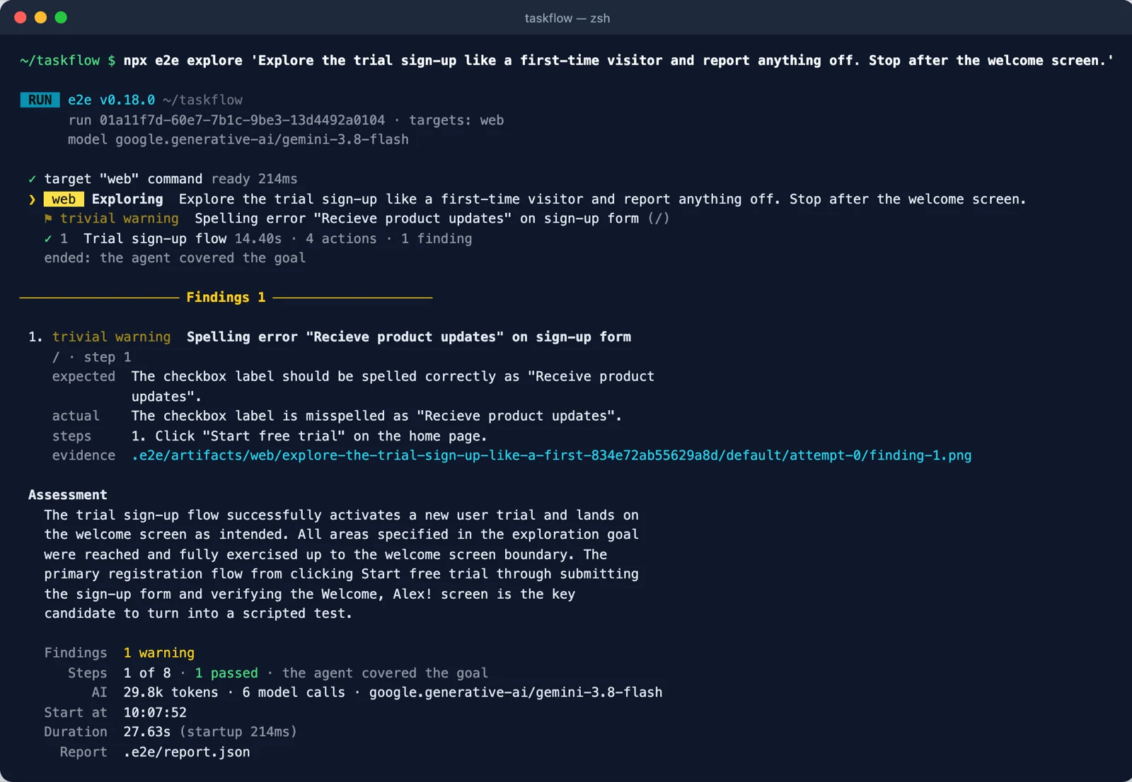 Terminal output of e2e explore reporting a trivial warning about the misspelled word Recieve