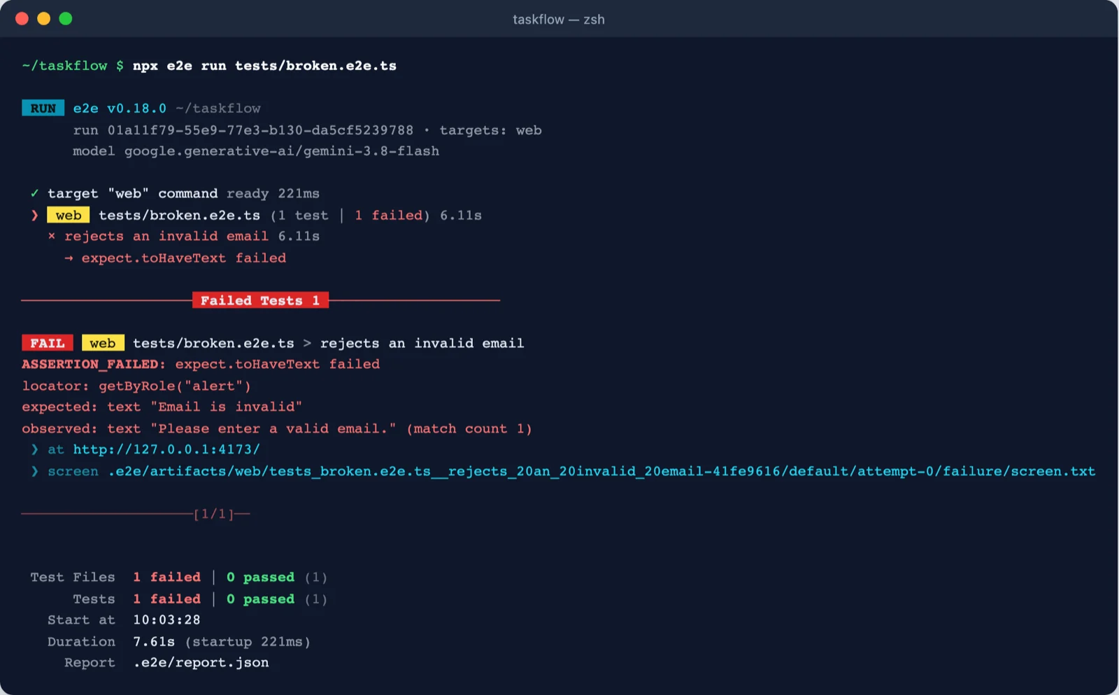 Terminal output showing ASSERTION_FAILED with expected text Email is invalid and observed text Please enter a valid email.