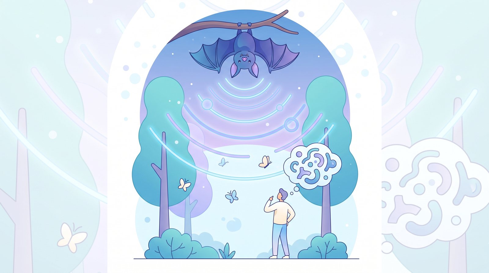 Illustration: a bat hanging from a branch at dusk sends out sound ripples while a person below looks up, curious