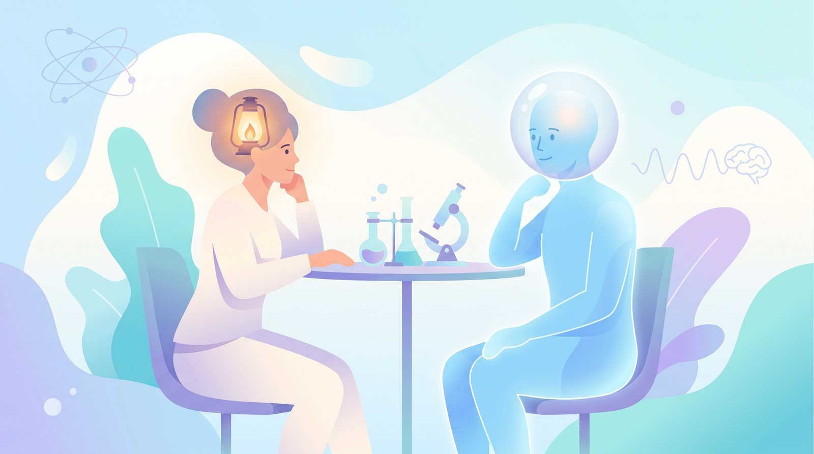 Illustration: a woman with a small glowing lantern in her head sits at a table across from a figure made of blue light whose head is a clear glass sphere