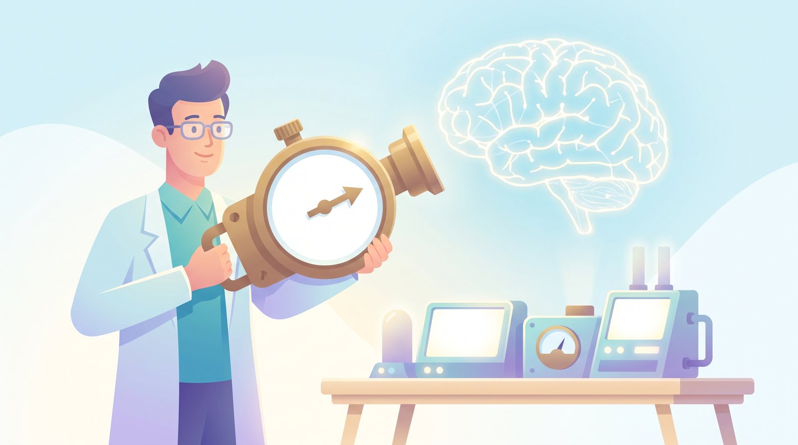 Illustration: a scientist points a large brass instrument with a blank dial at a floating glowing brain-shaped network