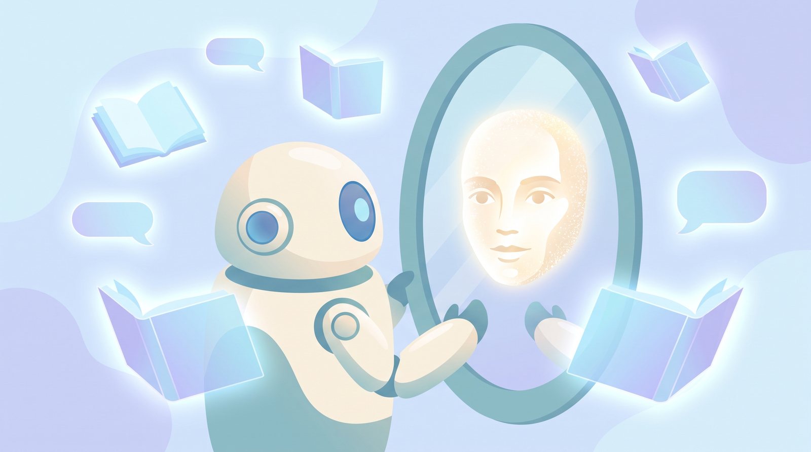 Illustration: a rounded robot looks into a mirror and sees a shimmering human face, surrounded by floating books and empty speech bubbles