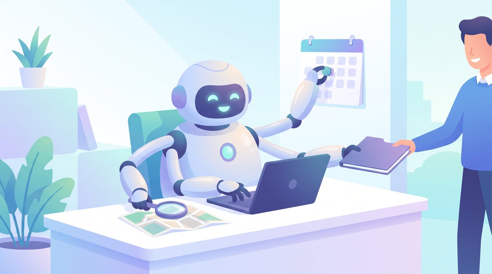 Illustration: a friendly robot at a desk juggling several tasks for an office worker
