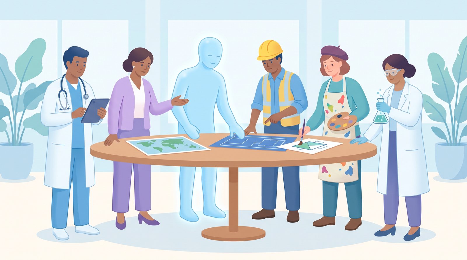 Illustration: a figure made of light working as an equal alongside a doctor, teacher, engineer, painter and scientist