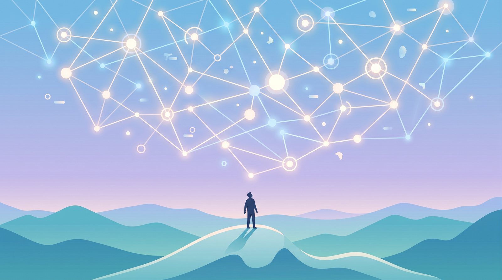 Illustration: a small person on a hill looking up at a vast glowing network filling the sky