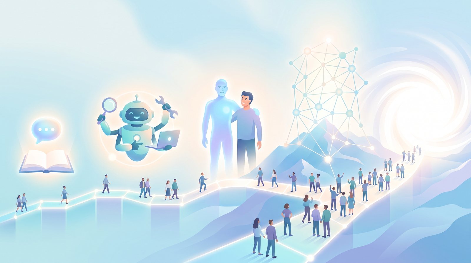 Illustration: a glowing path climbing past five scenes, a book with a speech bubble, a robot with tools, a figure of light beside a person, a vast network over mountains, and a bright vortex on the horizon
