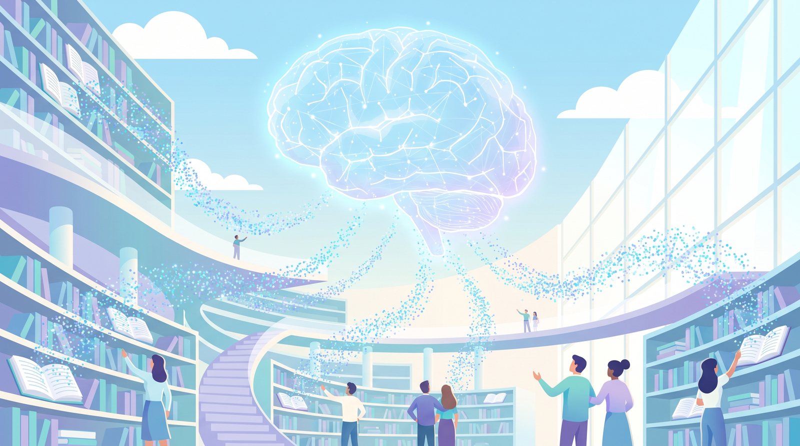 Illustration: books in a library releasing streams of light that form a glowing brain