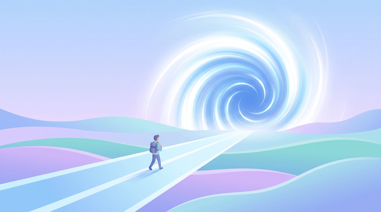Illustration: a road leading to a brilliant swirling vortex of light on the horizon