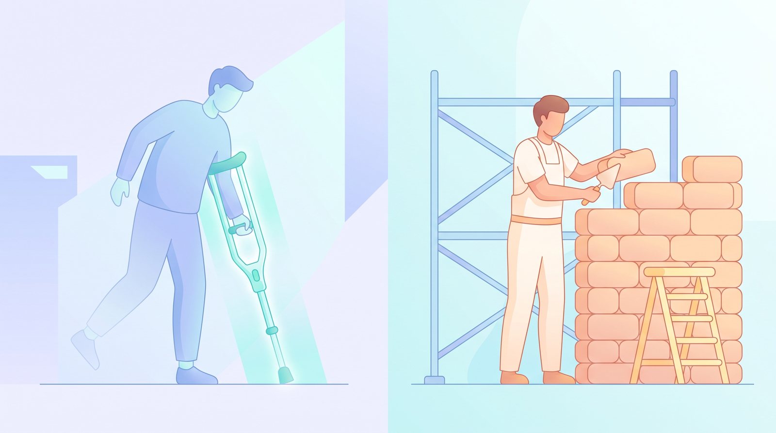 Illustration, split scene: on the left a person leans their whole weight on a crutch shaped like a glowing device, one leg faded; on the right a person stands straight beside a half-built wall surrounded by scaffolding, building it with their own hands