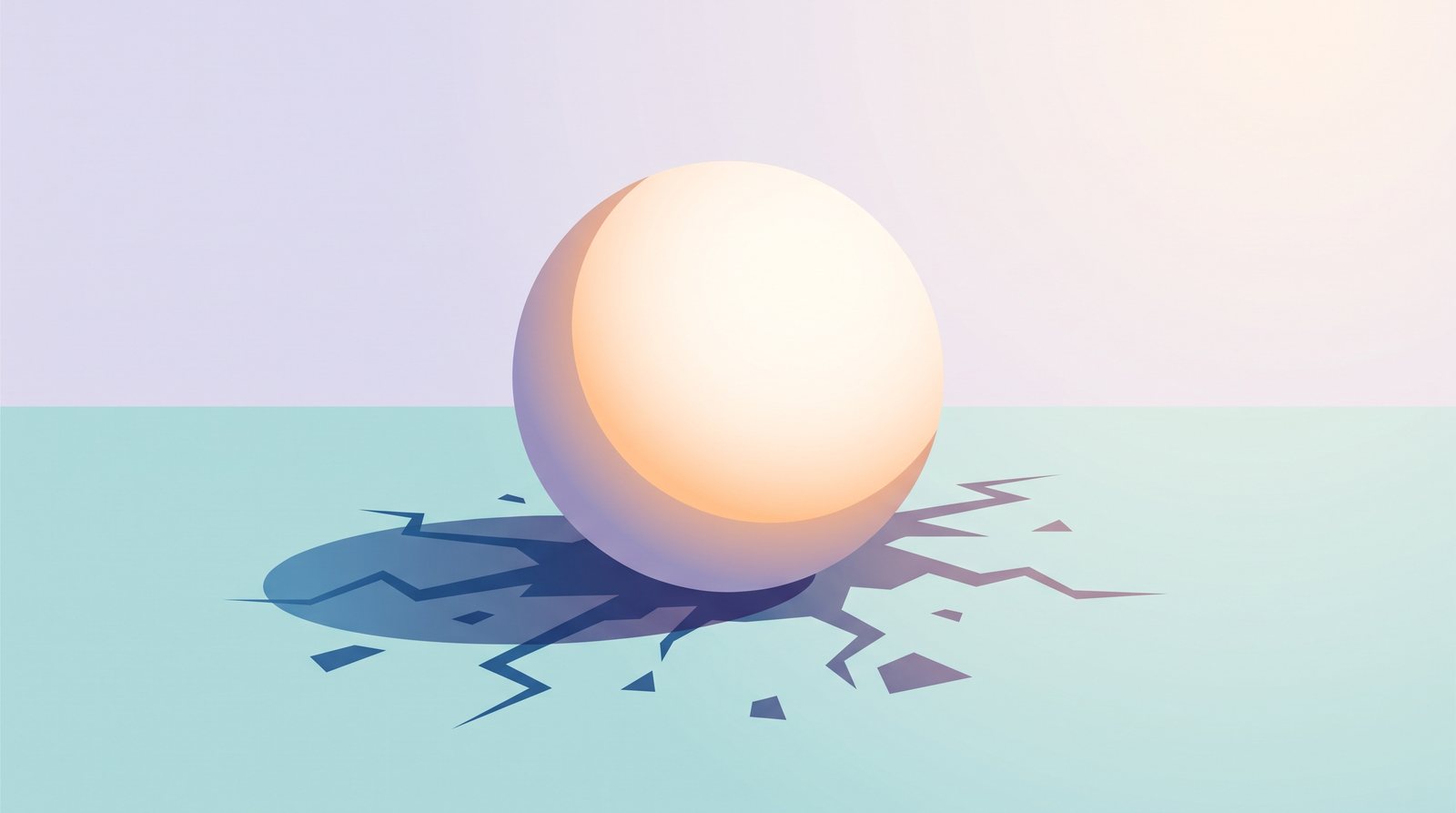 Illustration: a perfectly smooth polished sphere in warm light; its shadow on the ground is full of cracks and missing pieces