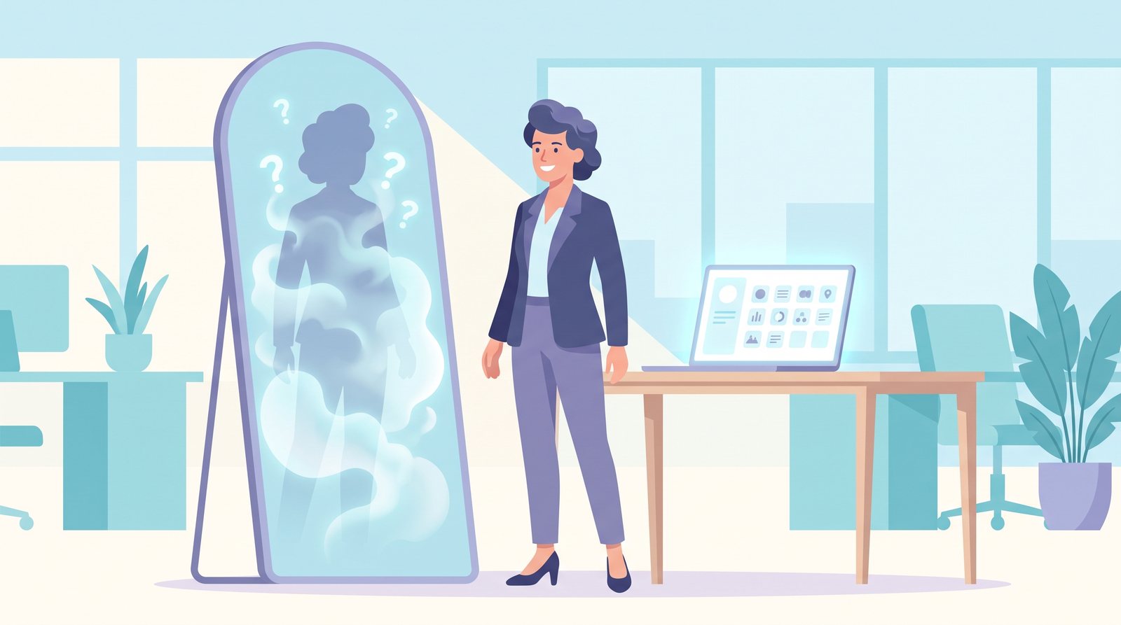 Illustration: a person looks confidently into a mirror; in the reflection the inside of their head is fog with small question marks, while the laptop on the desk shows a perfectly tidy page