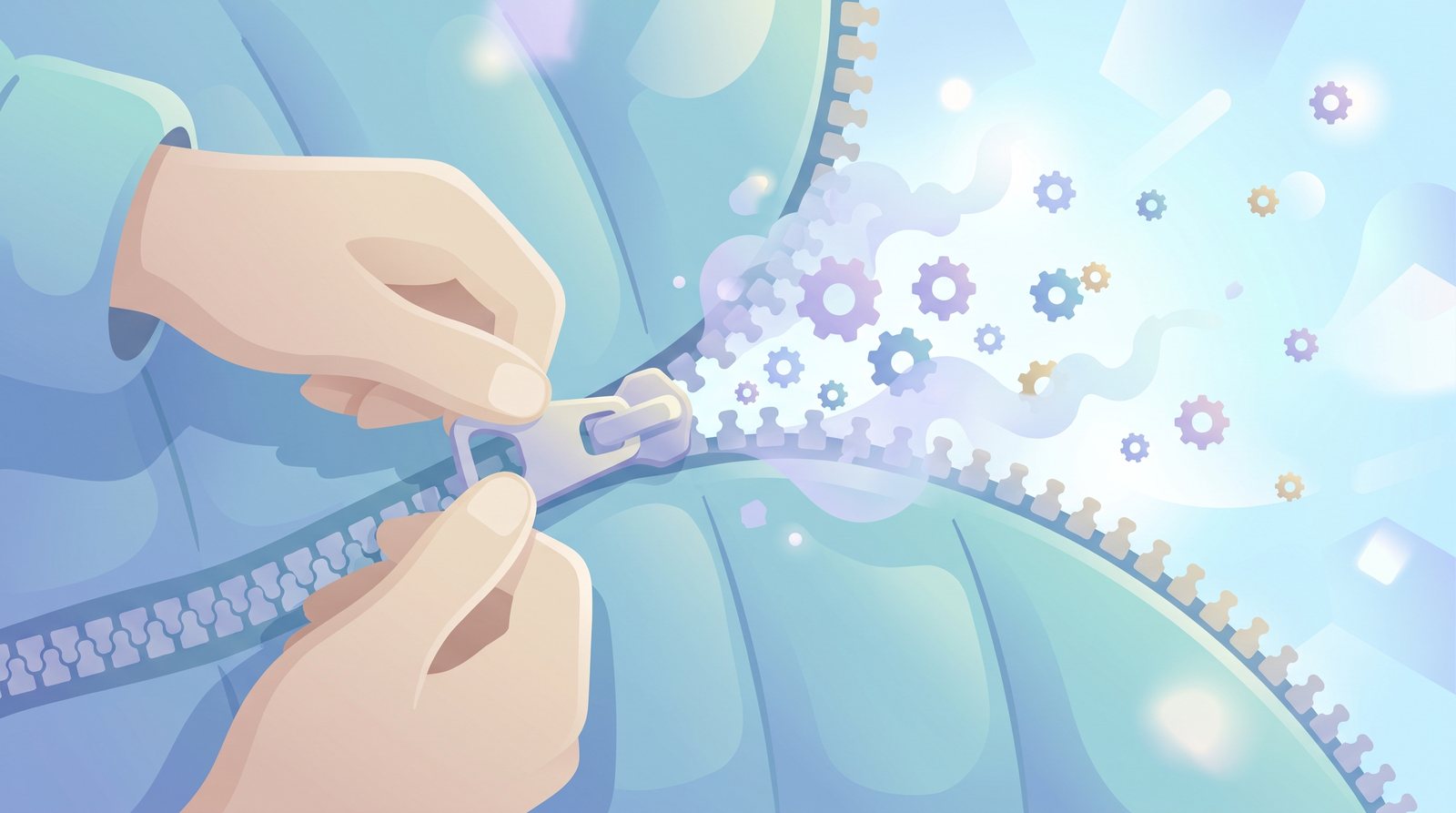 Illustration: two hands pull a large zipper; where the teeth meet, the mechanism dissolves into clouds and tiny drifting gears