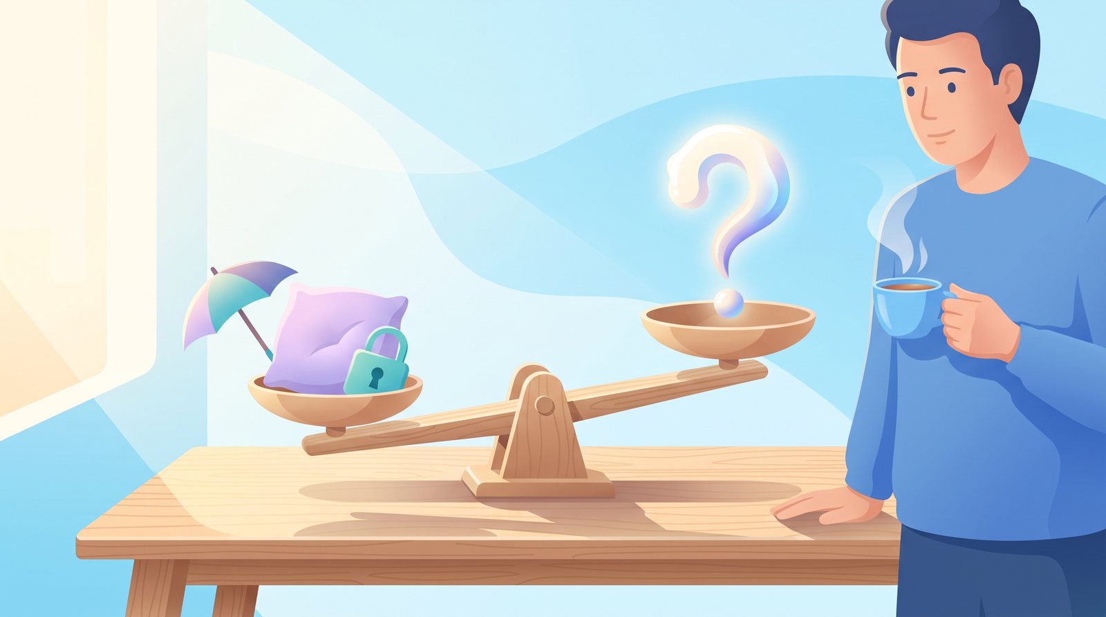 Illustration: a balance scale on a wooden table tips gently toward a pile of small, cheap safety objects, opposite a glowing wisp shaped like a question mark