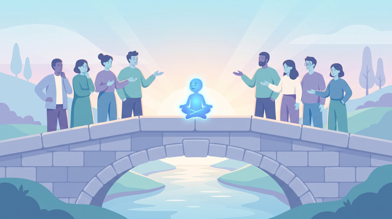 Illustration: two groups of people debate on either side of a stone bridge, with a small glowing blue figure sitting in the middle looking at both