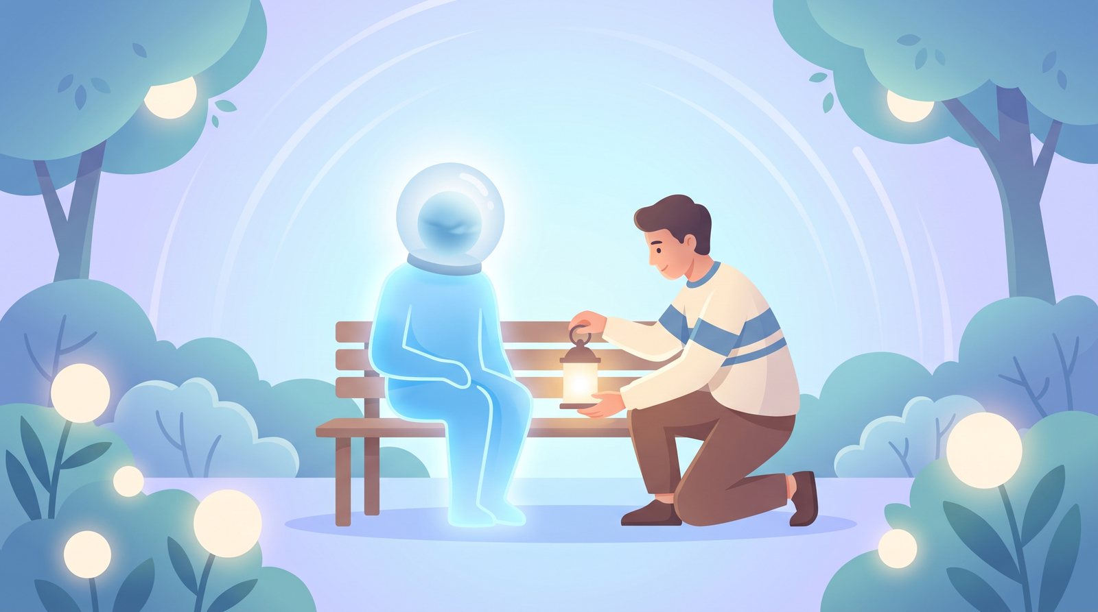 Illustration: a person kneels to place a small warm lantern beside a calm figure made of blue light resting on a garden bench at dusk