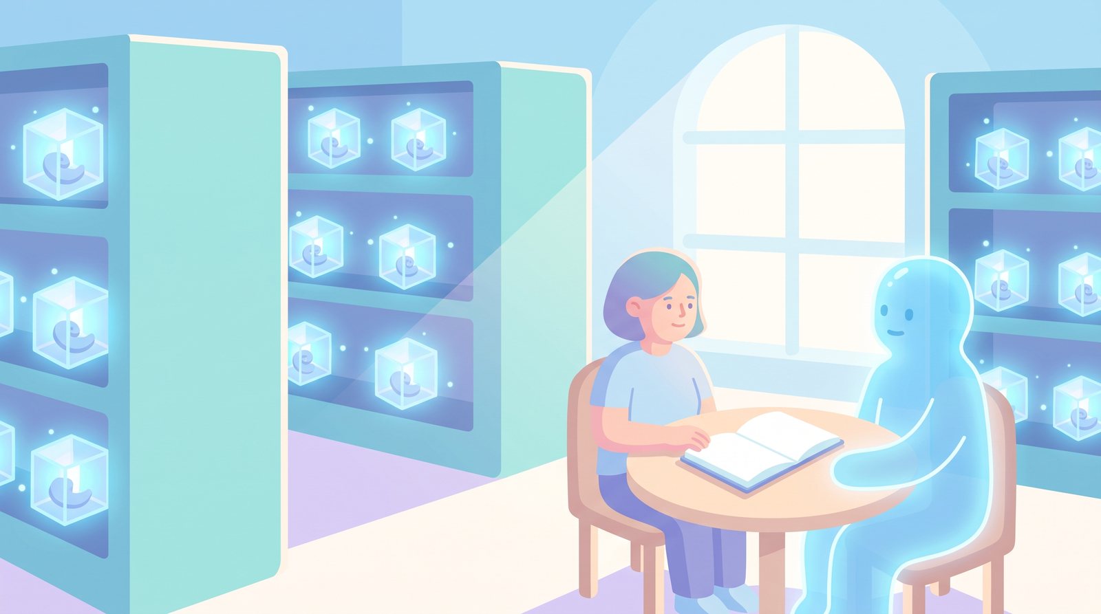 Illustration: in a softly lit archive of glowing crystal cubes, a person sits at a small table talking with a translucent blue figure, a notebook between them